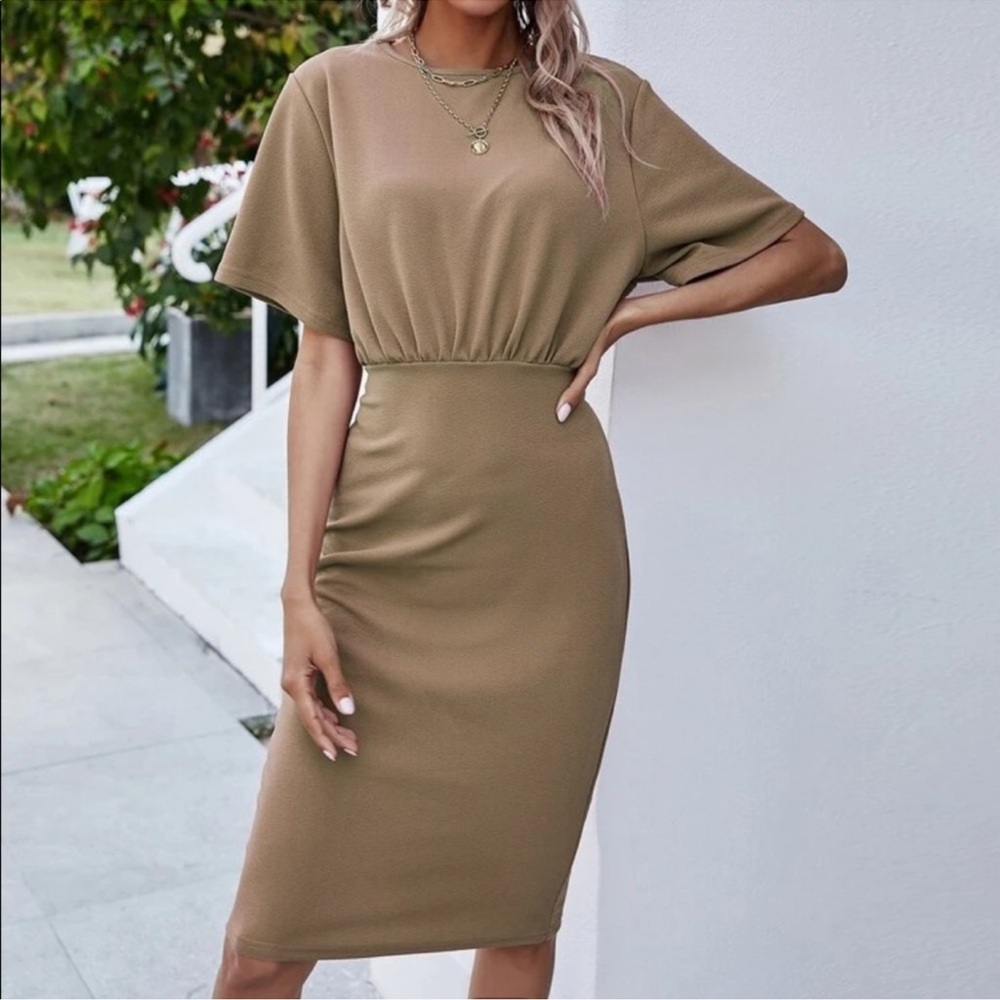 SHEIN Brown Midi Dress with Short Sleeves